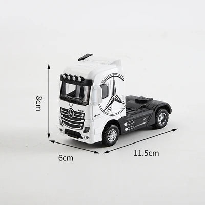 A white 1:50 scale diecast container truck with pull-back action, featuring Mercedes-style details.