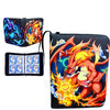 Black PU leather card binder with a zipper holding four cards featuring a fiery dragon design