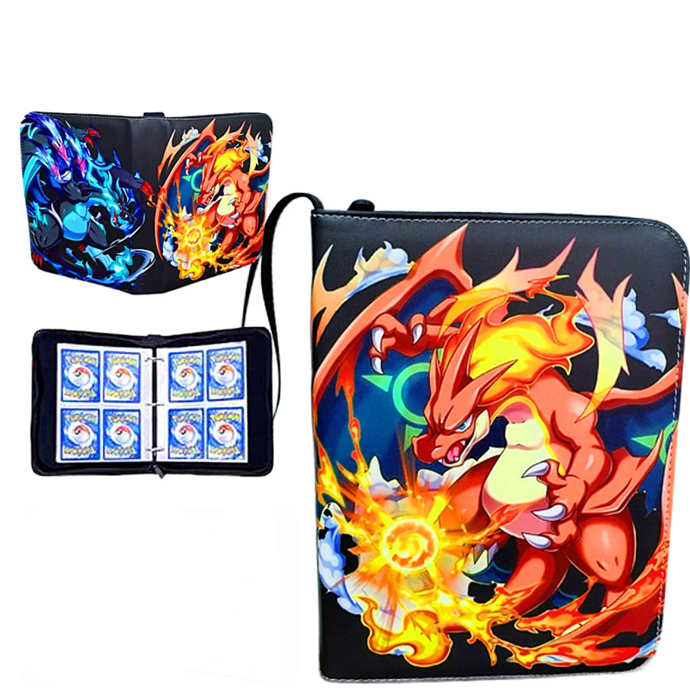Black PU leather card binder with a zipper holding four cards featuring a fiery dragon design