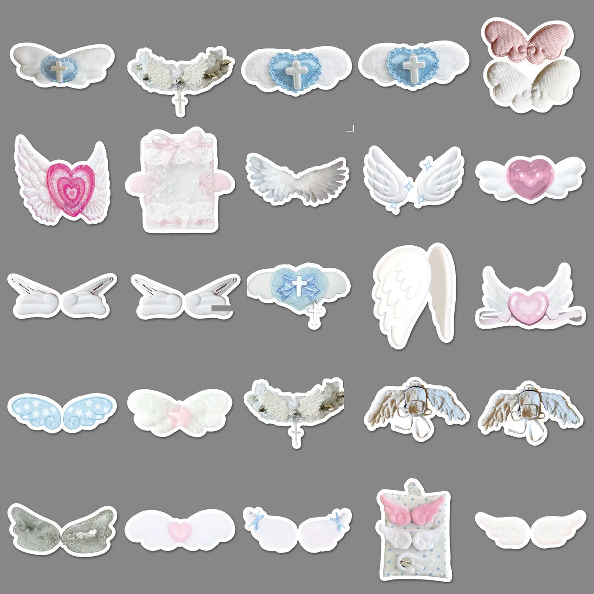 A collection of decorative wing stickers in various colors and shapes for mobile phones