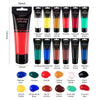 A set of acrylic paint colors in tubes, including Scarlet, Lemon Yellow, Crimson Red, Emerald Green, and others.