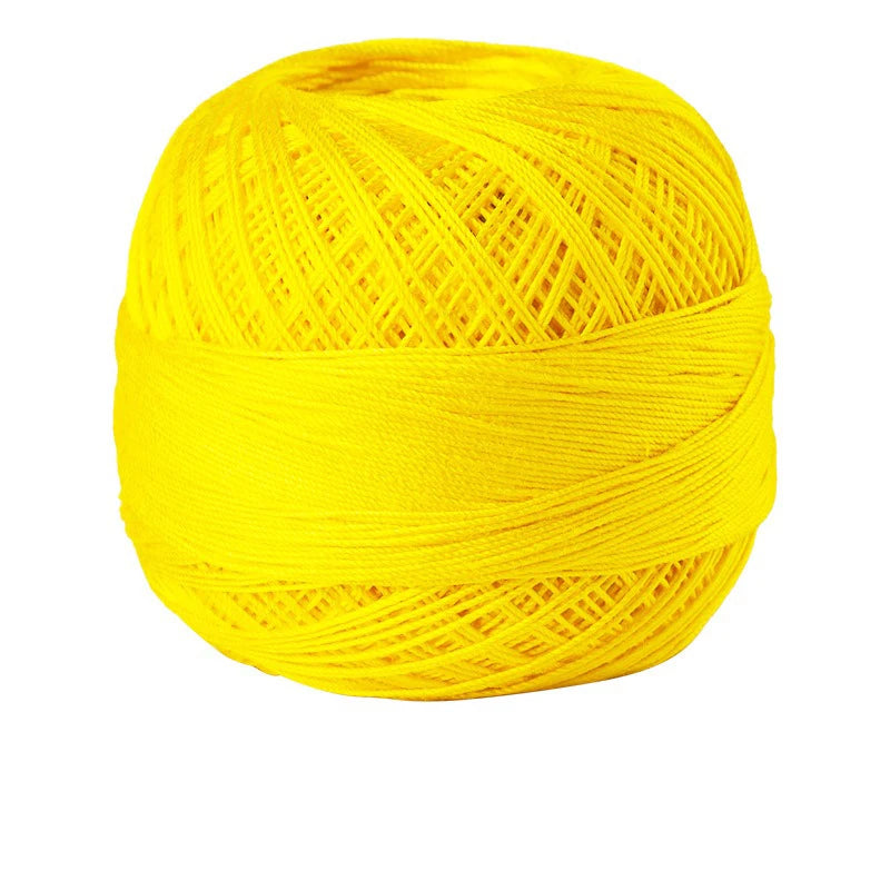 A ball of bright yellow 100% cotton crochet thread for tatting and embroidery.