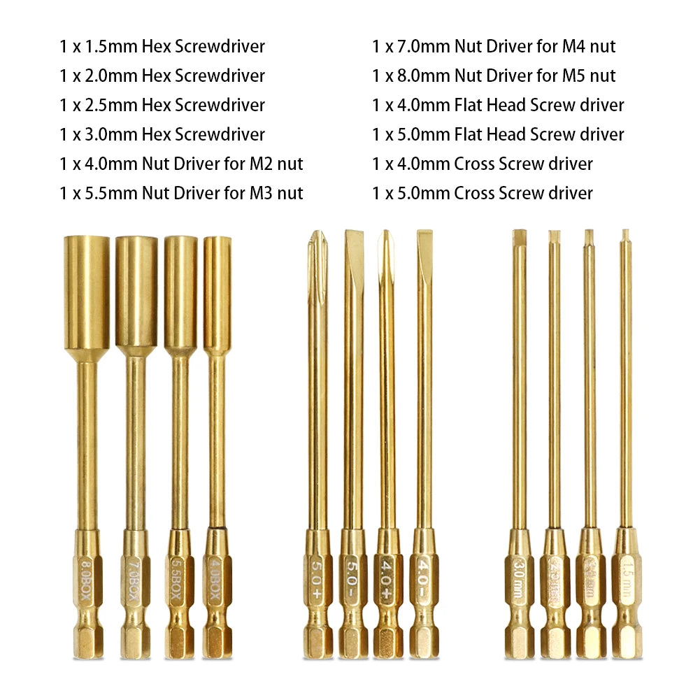 A collection of various hex and flat head screwdriver bits and nut drivers for M2, M4, and M5 nuts.