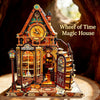 A detailed wooden miniature house depicting a pavilion of time with intricate clockwork and architecture.