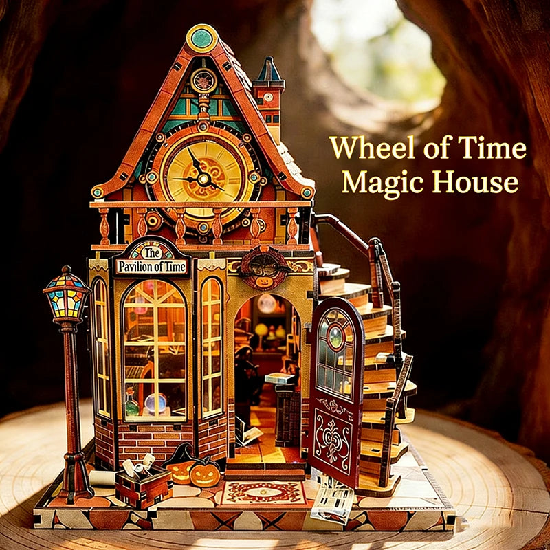A detailed wooden miniature house depicting a pavilion of time with intricate clockwork and architecture.