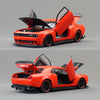 Orange Dodge Challenger SRT Hellcat diecast model car with the hood open