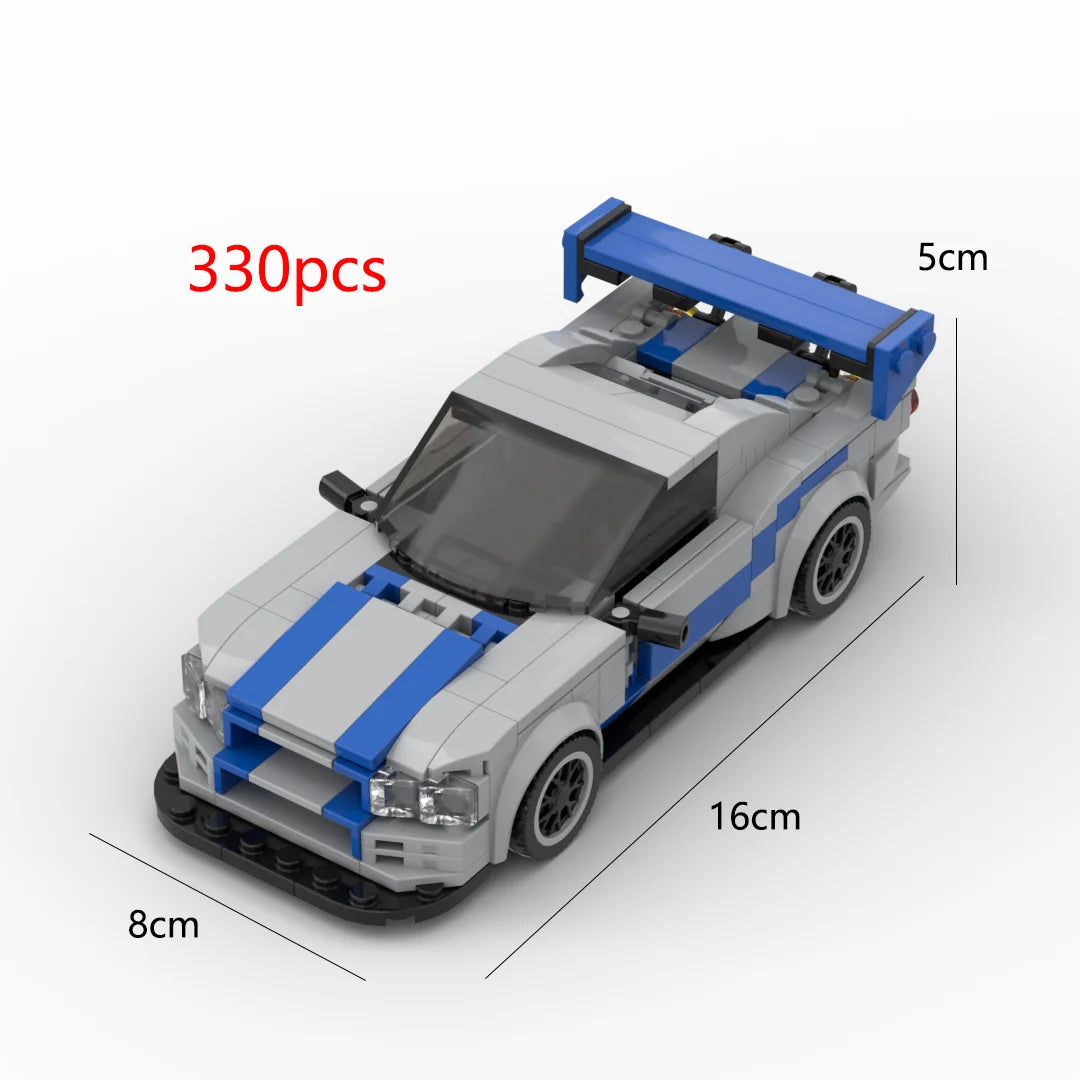 A white and blue classic supercar building block model with a transparent windshield and blue roof, shown from the side.