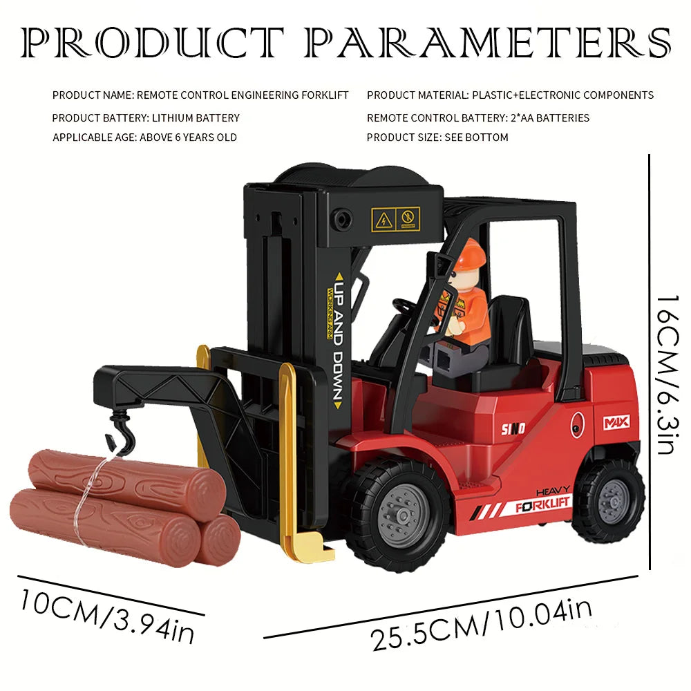 A red and black remote control engineering forklift toy truck with a yellow lift arm and battery components.