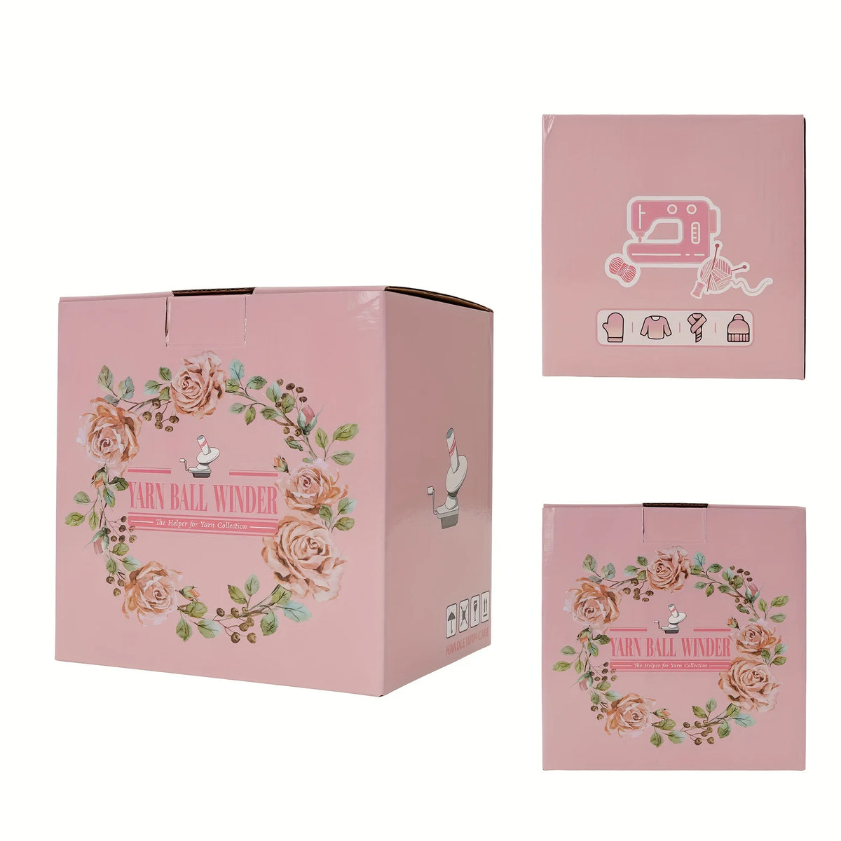 Pink box set of hand crank yarn winders for knitting and crochet with decorative floral designs