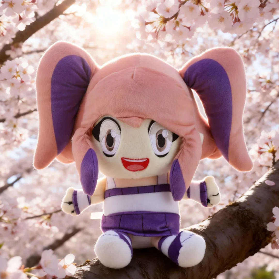 A pink and purple Lyna plush toy is perched on a tree branch amidst cherry blossoms.
