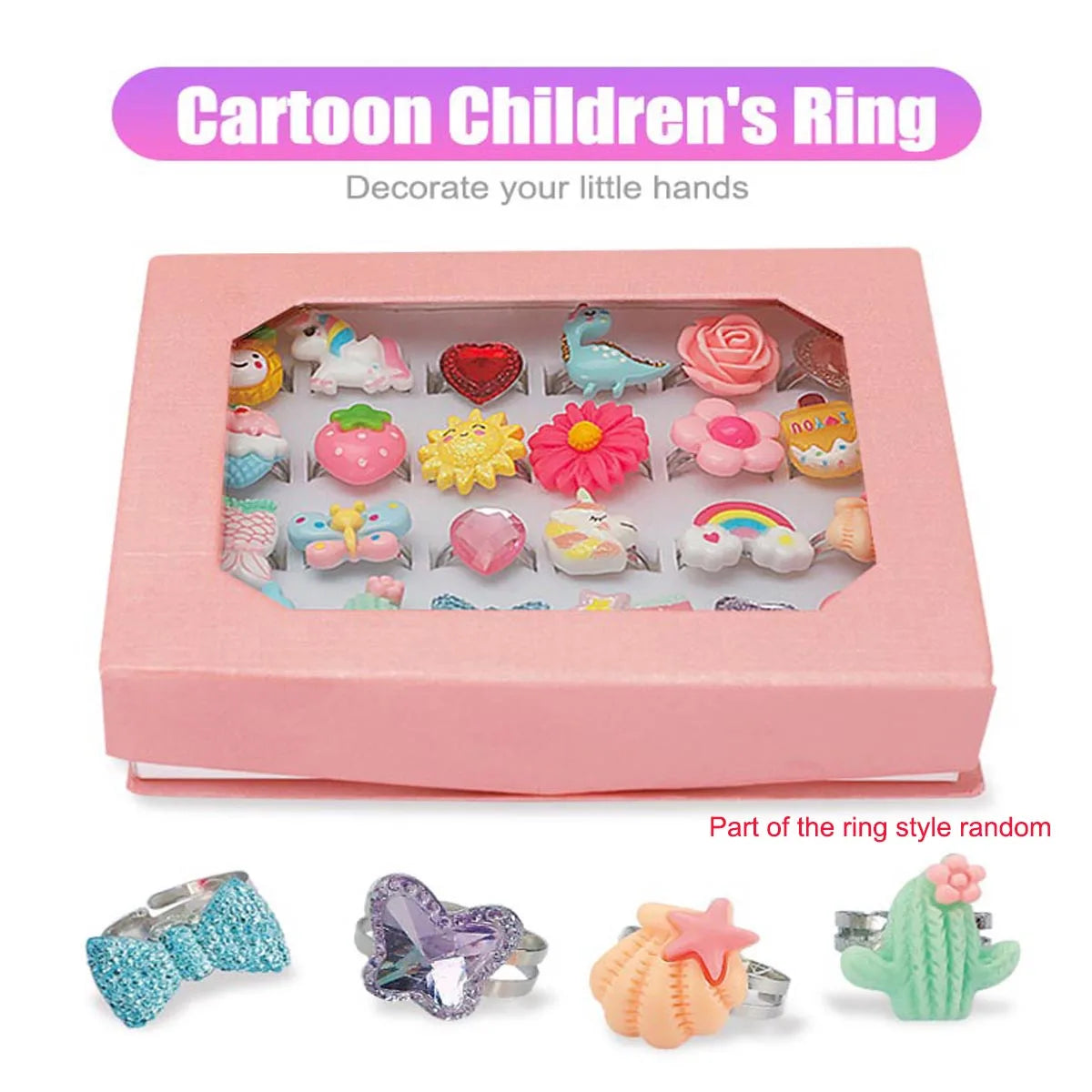 A pink box containing a set of 24 colorful gemstone rings and jewelry for girls