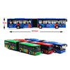 A blue and orange diecast pull-back city bus toy model.