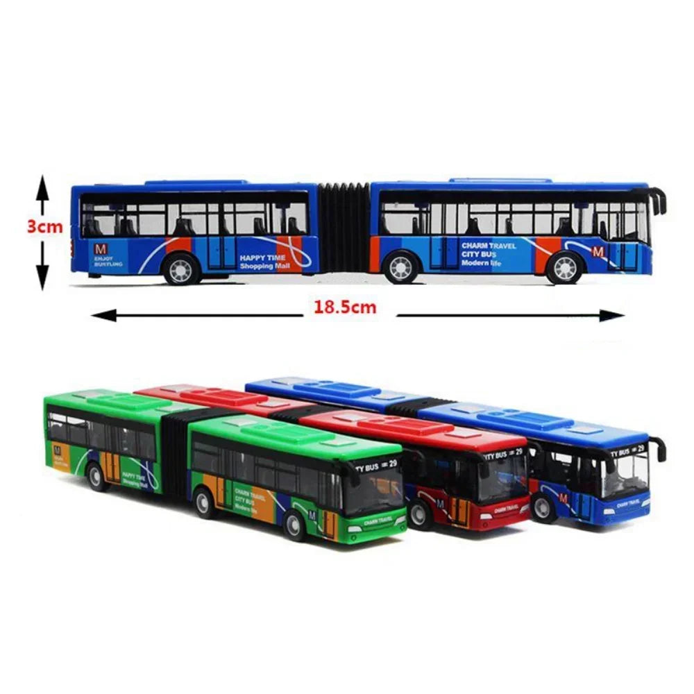 A blue and orange diecast pull-back city bus toy model.