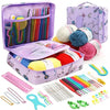 A purple storage bag containing a 59-piece crochet kit for beginners, including various yarn and needle tools.