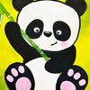 A painting of a panda face in black and white against a bright lime green background.
