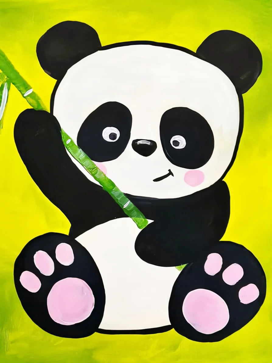 A painting of a panda face in black and white against a bright lime green background.