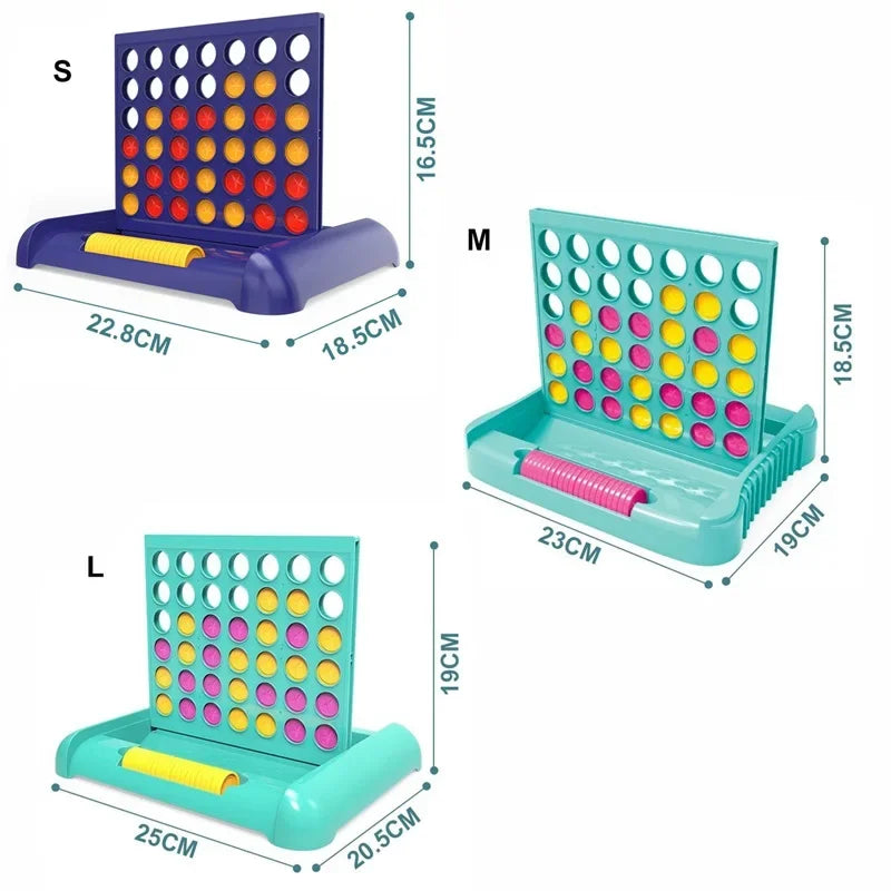 Three versions of a foldable Connect 4 board game in purple, teal, and pink, showing different sizes.