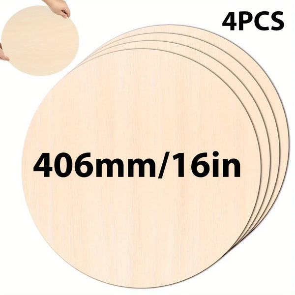 Four natural wood circles, 406mm/16in in diameter, for crafts and DIY projects.