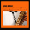 A close-up of a gold saxophone neck strap being used to secure a instrument.