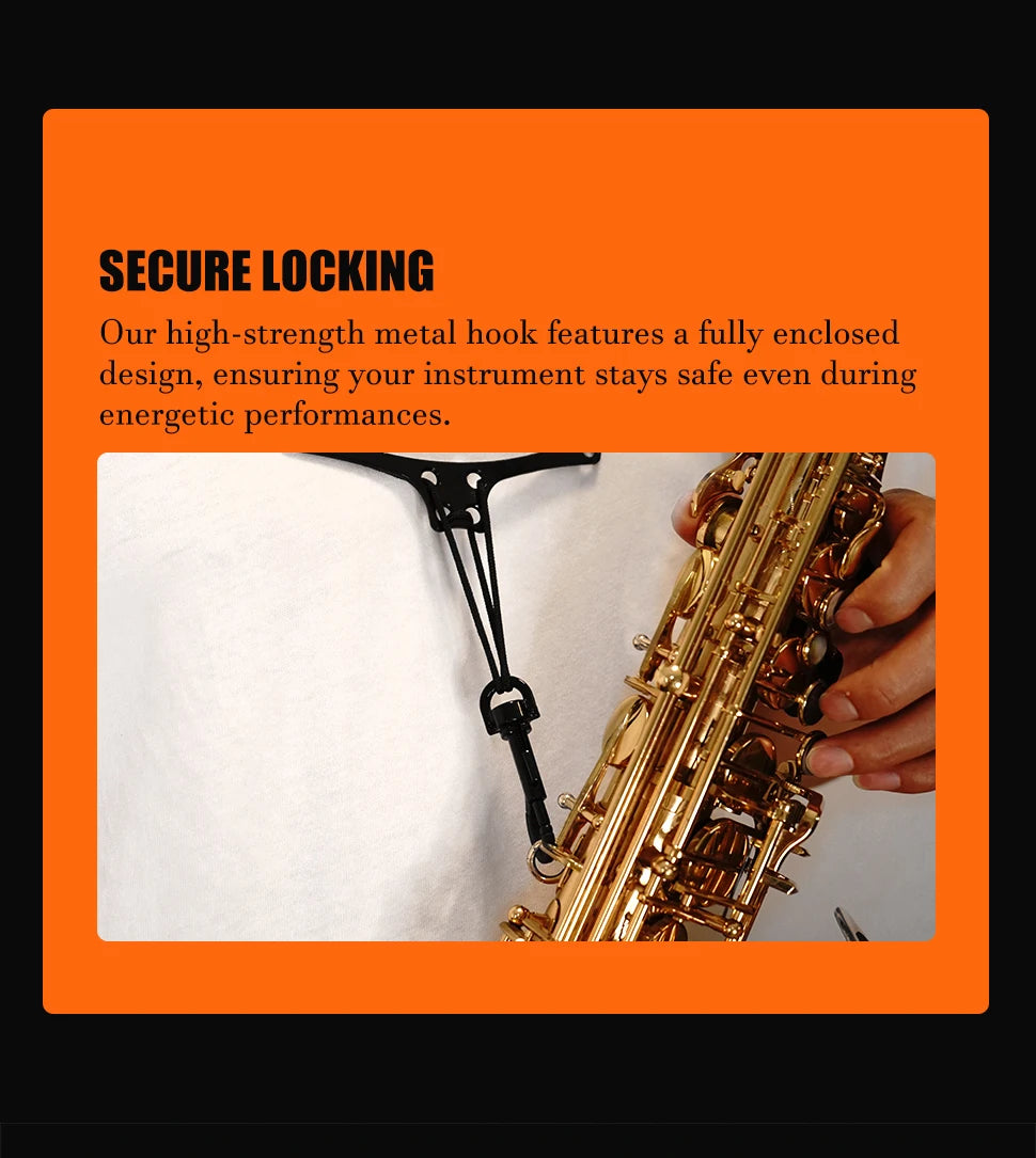 A close-up of a gold saxophone neck strap being used to secure a instrument.