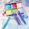 A colorful set of diamond painting pens with interchangeable metal tips and multi-placers displayed in a purple case.