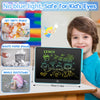 A child is looking at a blue LCD writing tablet with various drawing features shown around it.