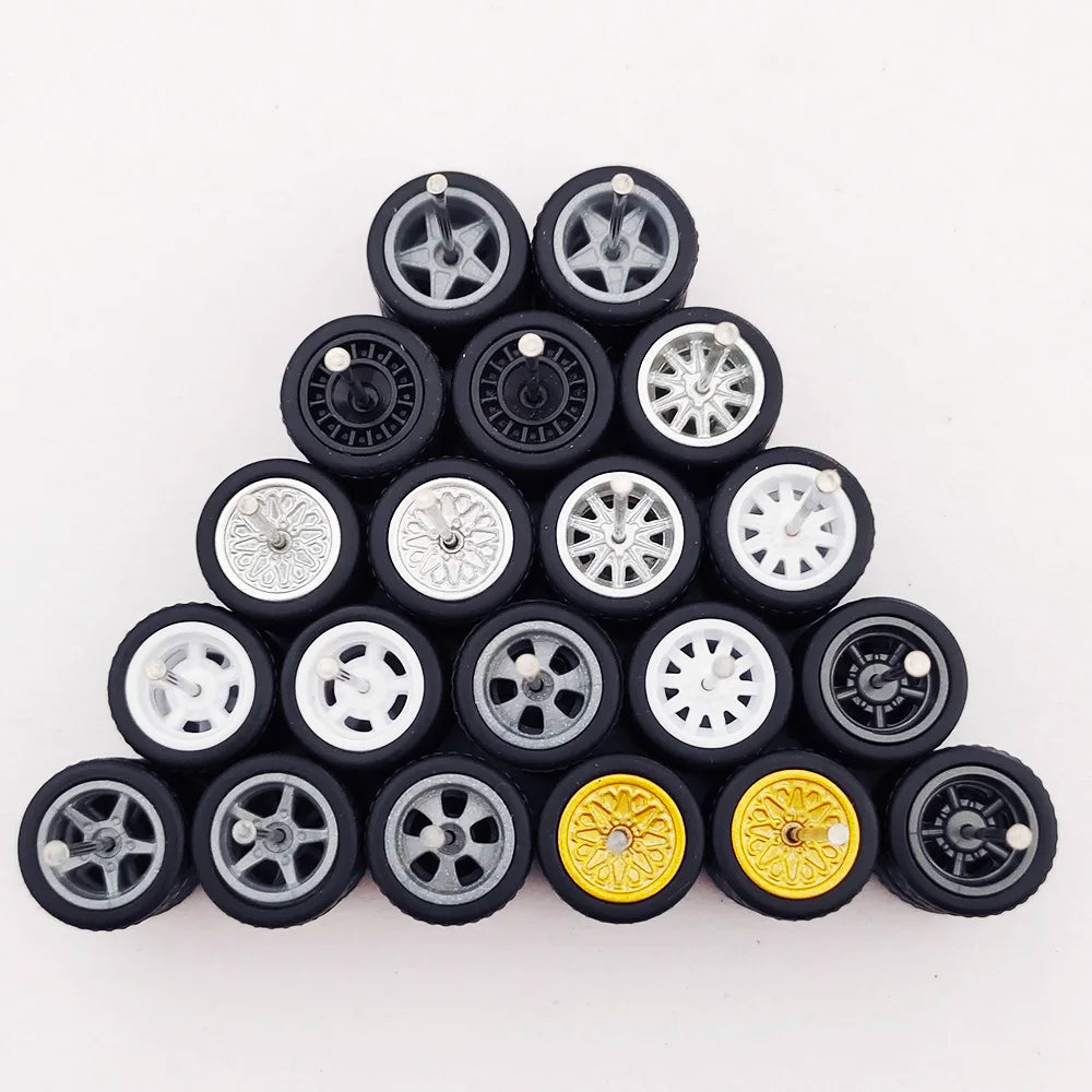 1/64 Scale Alloy Car Wheels with Rubber Tires - 10 Sets