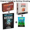 A set of exploding kittens, imploding kittens, barking kittens, and streaking kittens card games.