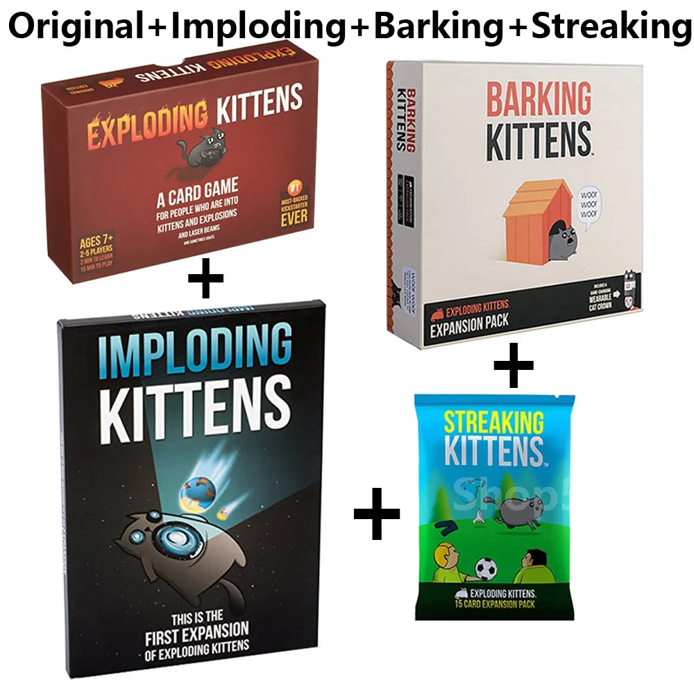 A set of exploding kittens, imploding kittens, barking kittens, and streaking kittens card games.