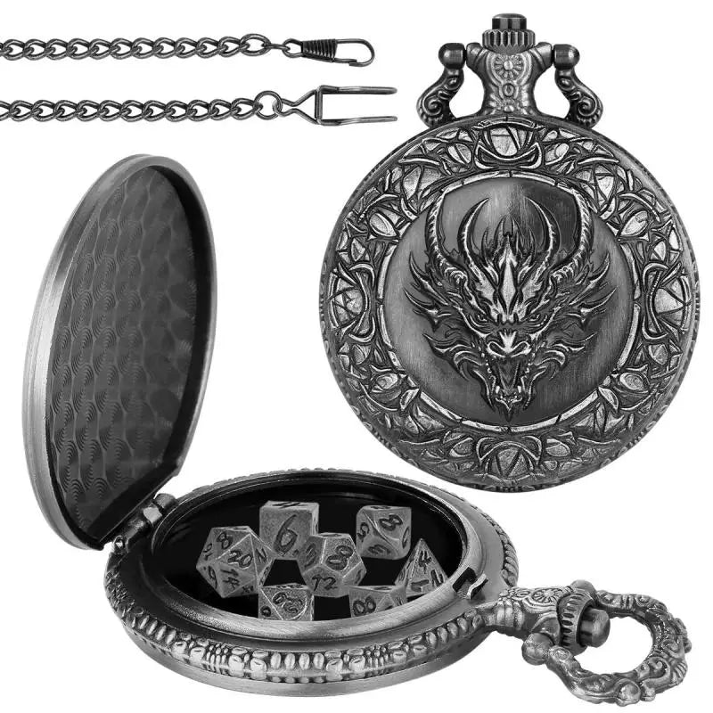Metal Polyhedral Dice Set with Pocket Watch Case