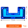 A blue concave shape magnetic building block piece with dimensions 7.5cm by 3.7cm