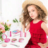 A young girl is shown with a straw hat and various pink and red makeup products for pretend play.