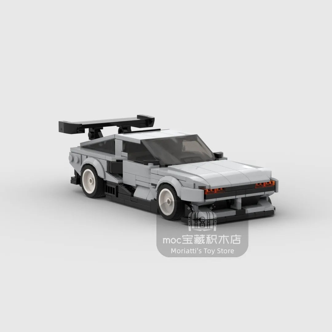 A gray and black classic supercar model built from building blocks.