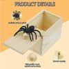 A wooden box containing a realistic rubber spider toy and demonstrating a smooth opening.