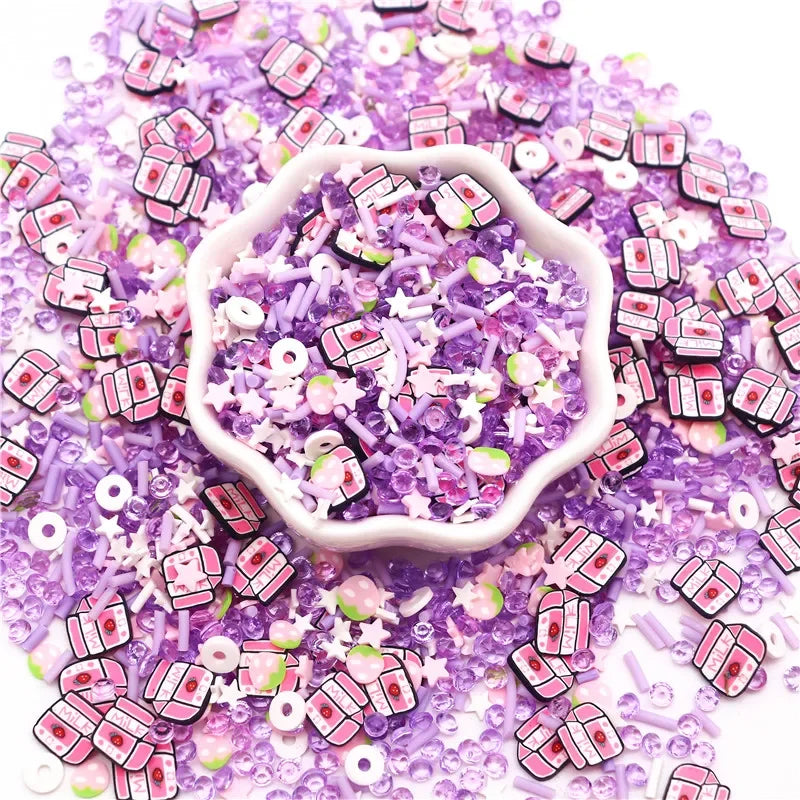 Purple polymer clay sprinkles mix used for slime decor and DIY craft accents