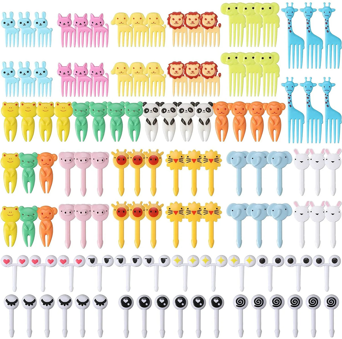 A collection of kawaii mini fruit forks in various colors and shapes for kids