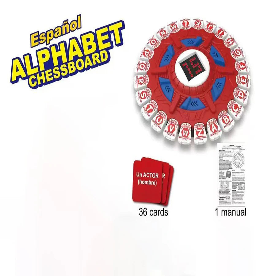 Spanish alphabet chessboard game featuring red and white cards and a central board.