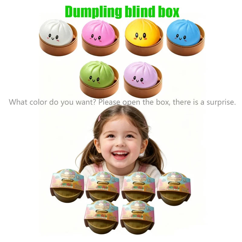 A set of colorful dumpling blind boxes with various pastel and bright colors displayed next to a smiling child.