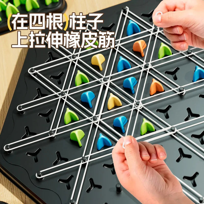 A hand is placing colored triangles onto a grid board for a logic and strategy puzzle game.
