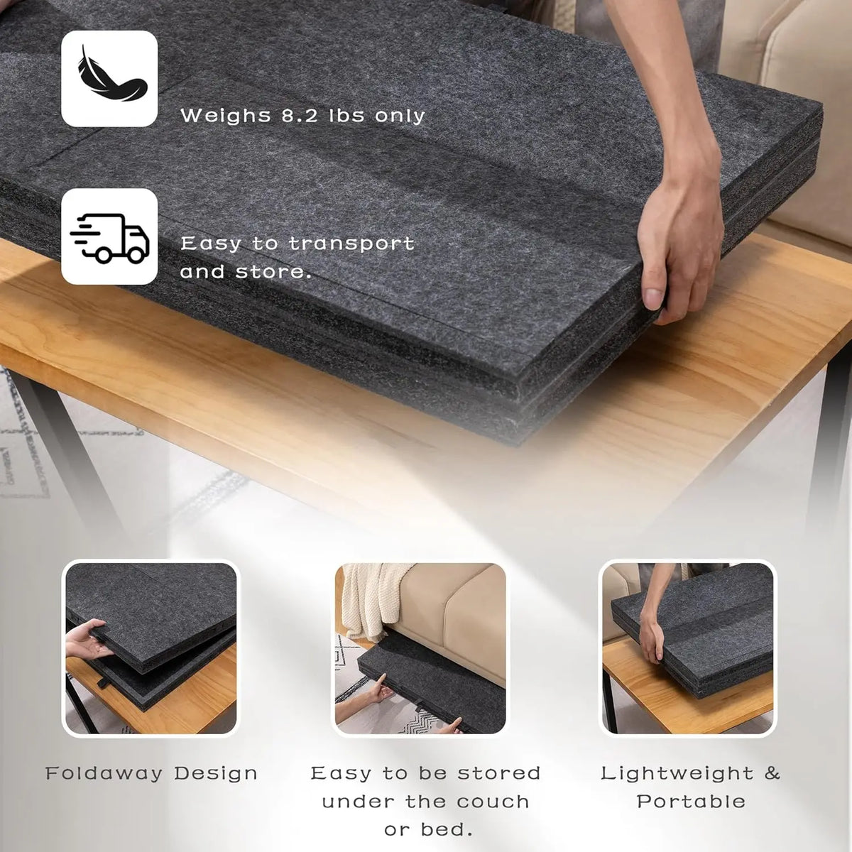 A gray tilting and foldable puzzle board is shown being held, demonstrating its lightweight design and easy transport.
