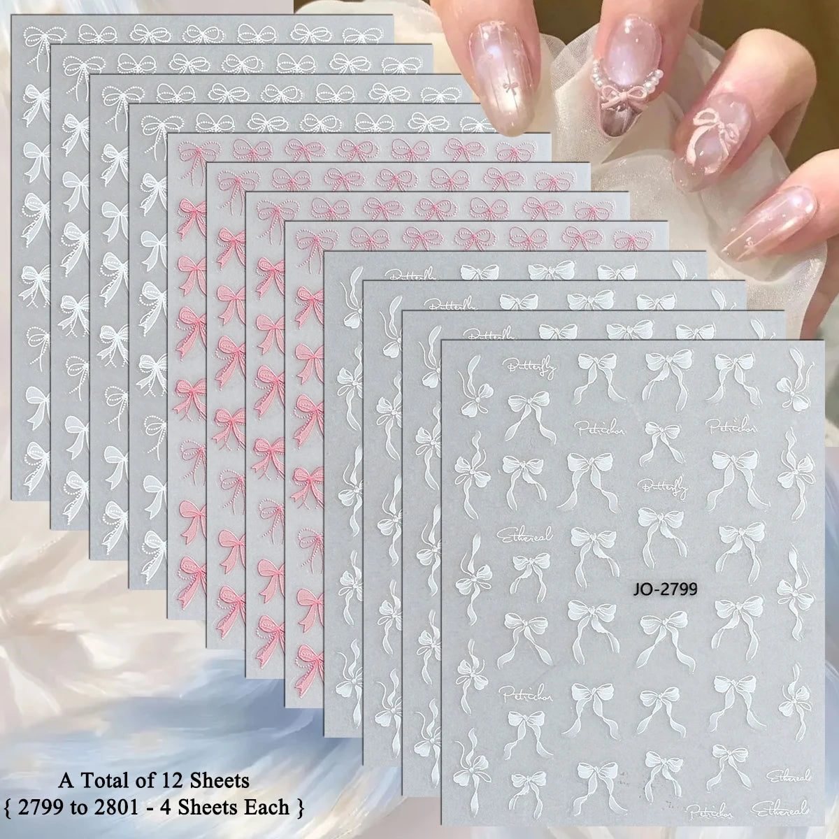 3D Bow Nail Stickers with Ribbon, Heart & Stripe Designs