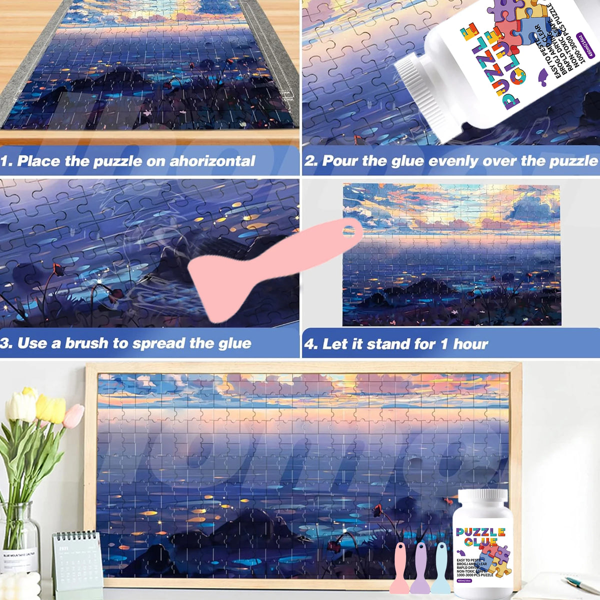Step-by-step instructions for using clear puzzle preserving glue to adhere a puzzle onto a board.