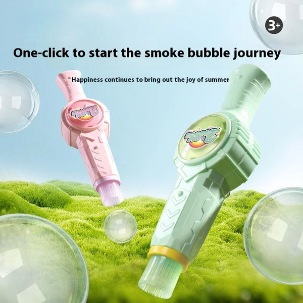 A portable bubble blower and party wand set in pink and green colors with bubbles floating in a grassy outdoor setting.