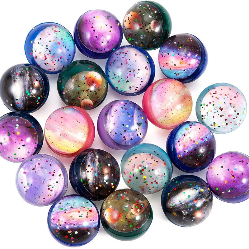 Assorted rubber bouncy balls in various iridescent and glitter colors