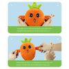 An orange fruit plush toy used for a beat-sensing musical interaction where one hand holds down a point and the other touches