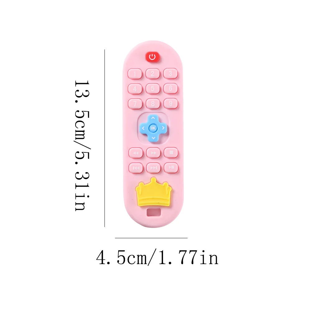 A pink silicone teething toy with numbered buttons and a yellow crown shape for babies