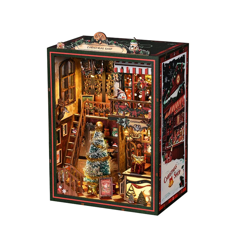 DIY Book Nook Kit – Christmas Shop Miniature Wooden Model with Lights
