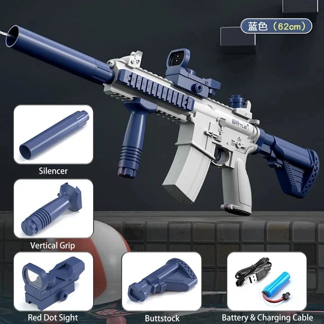 A blue and white water blaster rifle with a silencer, grip, red dot sight, buttstock, and battery charging cable.