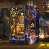 A detailed wooden pirate ship book nook kit featuring intricate carvings and a dark blue background.