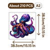 A colorful wooden jigsaw puzzle depicting an ornate blue and purple sea creature or octopus.